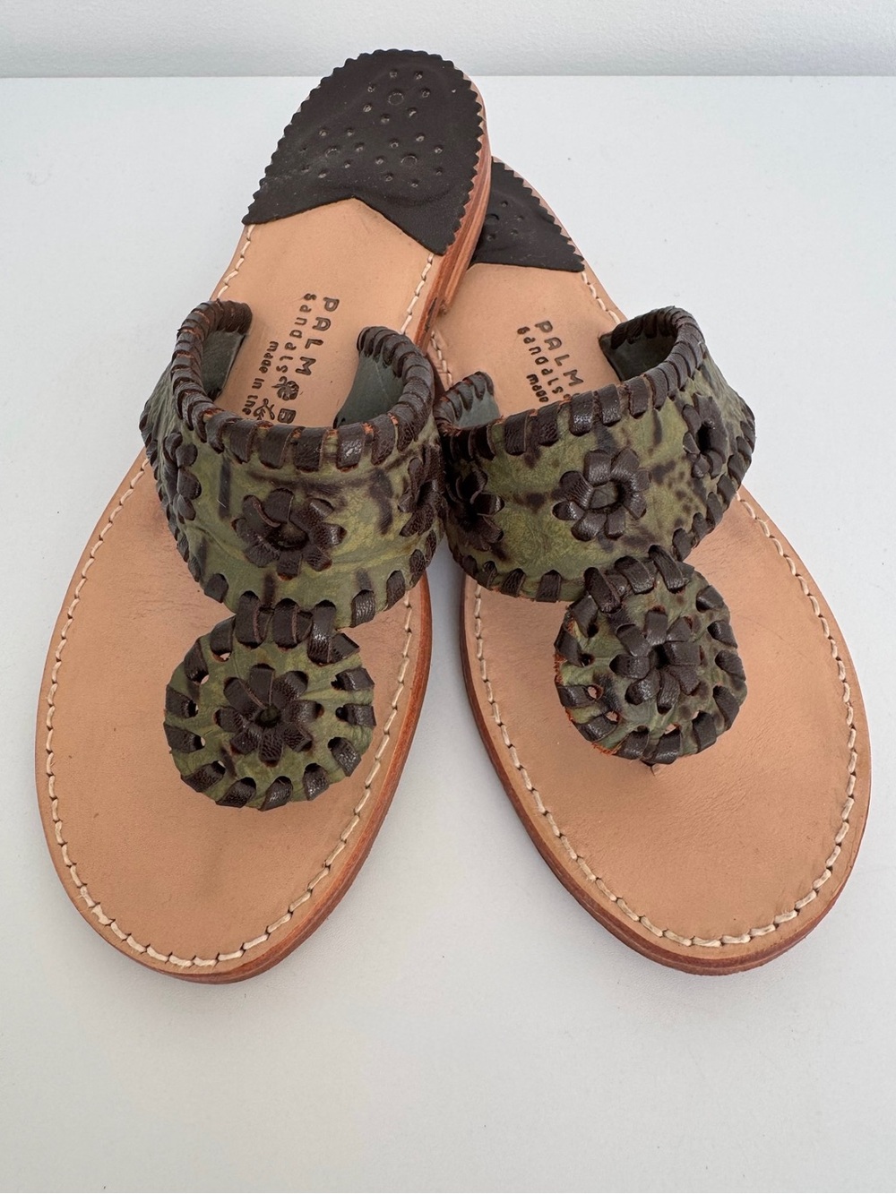 Palm Beach Sandals in Green and Chocolate Brown, Size 8